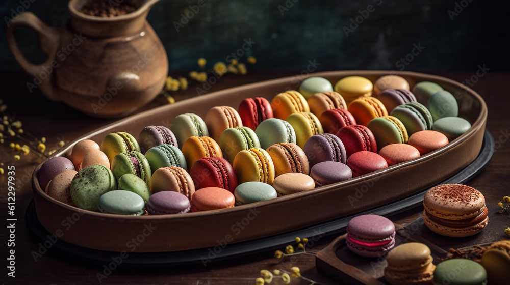 A tray of colorful macarons, displayed in an appealing arrangement