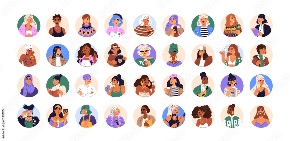 Modern women avatars set. Female head portraits. Fashion pretty girls faces in circles. Different creative stylish happy characters. Flat graphic vector illustrations isolated on white background Modern women avatars set. Female head portraits. Fashion pretty girls faces in circles. Different creative stylish happy characters. Flat graphic vector illustrations isolated on white background