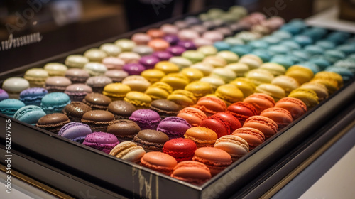 A tray of colorful macarons, displayed in an appealing arrangement