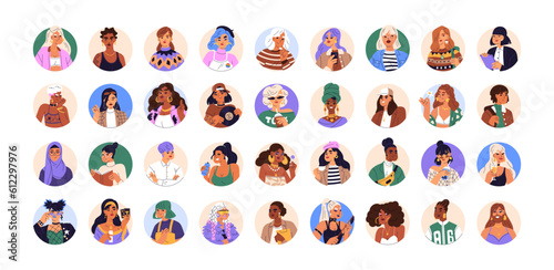Modern women avatars set. Female head portraits. Fashion pretty girls faces in circles. Different creative stylish happy characters. Flat graphic vector illustrations isolated on white background