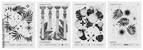 Futuristic retro vector minimalistic Posters with 3d strange wireframes geometrical shapes and exotic leaves, tropical plants, Artwork with silhouette abstract graphic elements basic figures, set 36