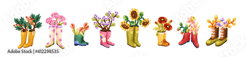 Flowers in rubber wellies set. Floral branches, plants with gentle blooms and leaves in gum boots. Gumboots with delicate summer bouquets. Flat vector illustrations isolated on white background