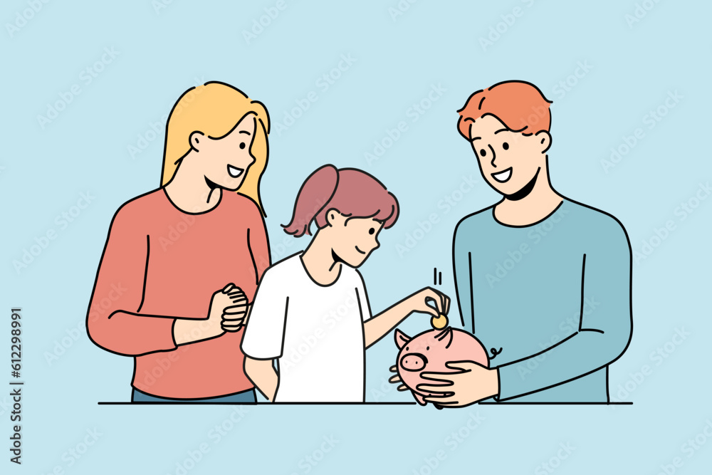 Smiling parents teach small child saving money in piggyback. Happy mother and father manage budget with little kid. Investment and expenses management. Vector illustration. 