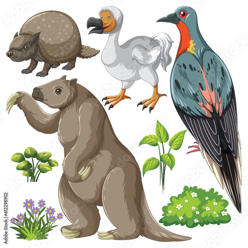 Set of various extinct animals