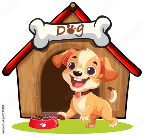Dog in front of dog house
