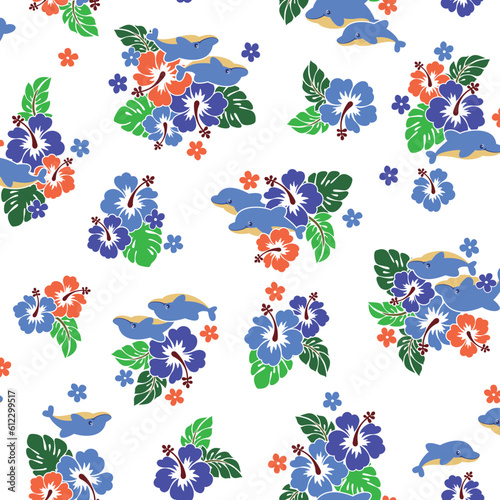 Cute hibiscus and dolphin pattern suitable for textiles 