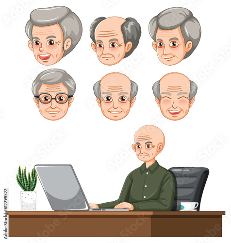 Set of grandfather with different facial expression using computer