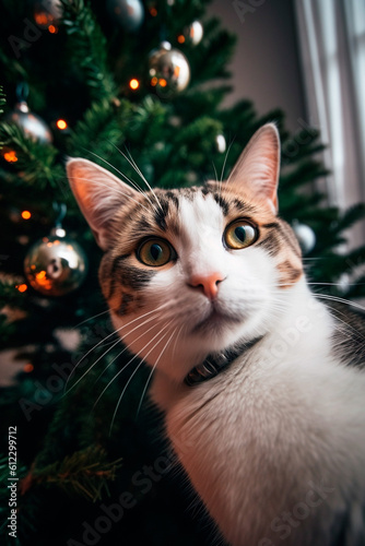 Selfie of a ginger cat on the background of the Christmas tree. Generative AI