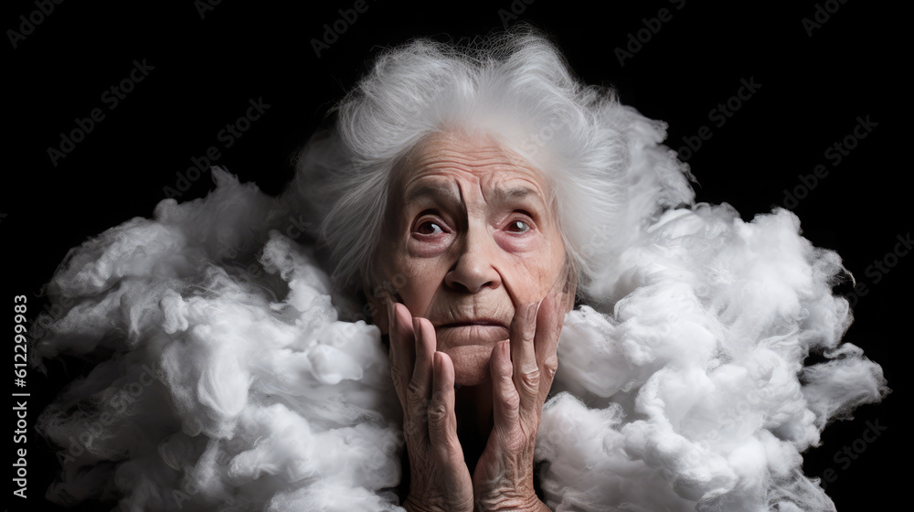 close-up face of an elderly woman, her mind shrouded in the hazy veil of cotton, embodying dementia, symbolizing the tangled labyrinth of Alzheimer's.