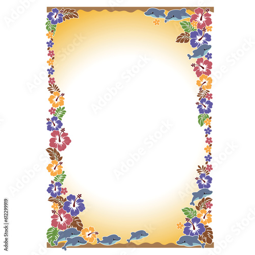 Decorative frame of cute tropical flowers and dolphins,