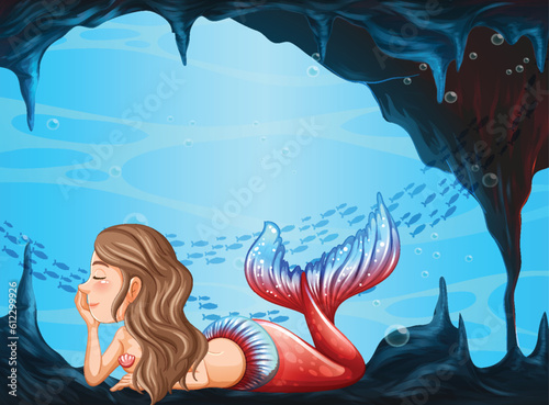 Beautiful mermaid underwater cave scene