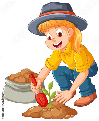 Farmer planting small plant on the ground isolated