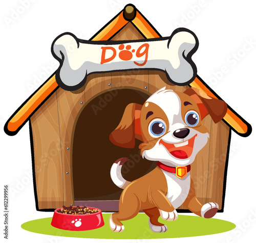 Dog in front of dog house