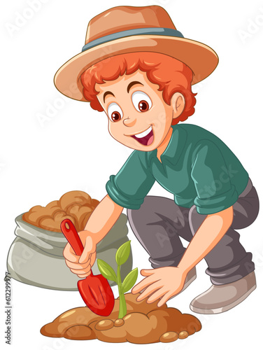 Farmer planting small plant on the ground isolated