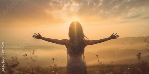 Woman open arms breath of fresh air in sunset meadow background