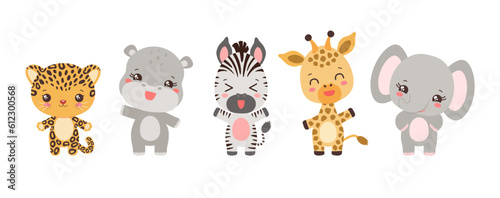Cute african animal set. Kawaii style safari animals vector illustration. Cute cartoon collection. Happy tropical animals leopard, cheetah, giraffe, zebra, elephant, hippopotamus. Adorable characters.