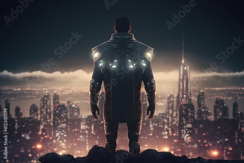 A giant super human looking down an illuminated smart city