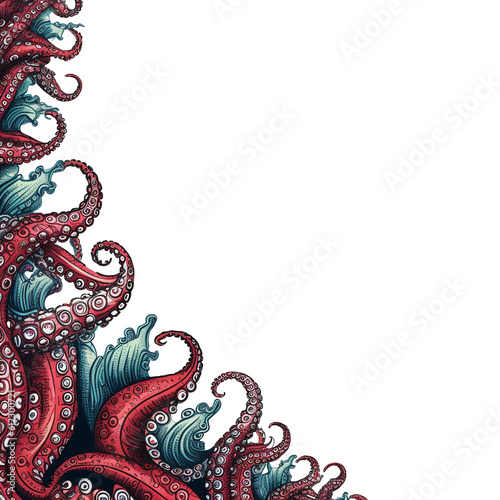 Tentacles and seaweed inked border in style of old illustration isolated on transparent background - Generative AI photo