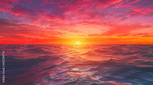 Beautiful sunset over the ocean. Water in the red light of setting sun. Generative AI