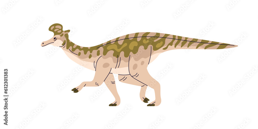 Lambeosaurini, prehistoric ancient dinosaur. Extinct big large dino with crest, side view. Prehistory reptile animal of Jurassic period. Flat vector illustration isolated on white background Lambeosaurini, prehistoric ancient dinosaur. Extinct big large dino with crest, side view. Prehistory reptile animal of Jurassic period. Flat vector illustration isolated on white background