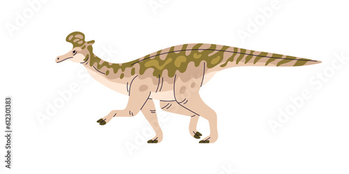 Lambeosaurini, prehistoric ancient dinosaur. Extinct big large dino with crest, side view. Prehistory reptile animal of Jurassic period. Flat vector illustration isolated on white background
