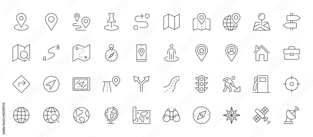 Navigation line icons set. Road trip path, trail, home marker, journey, compass, globe, country, geography, tourism visualization vector illustration. Outline signs of location. Editable Stroke