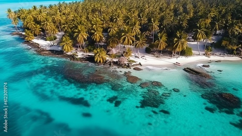 Aerial panoramic view of a beautiful island. Generative AI.