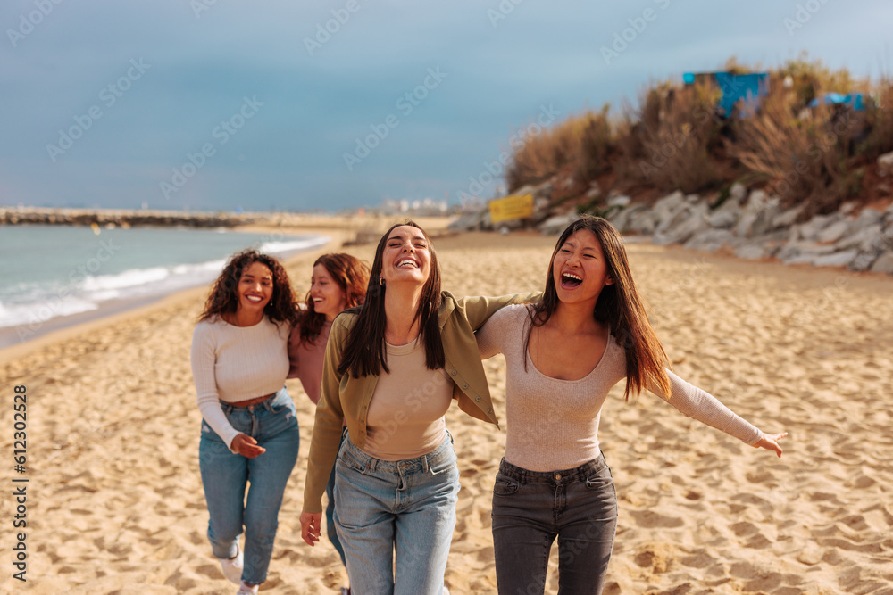 Four young women reunited together on beach. Four young women reunited together on beach.