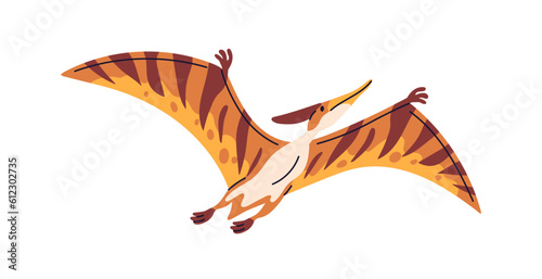 Pterodactyl, flying dinosaur. Pterodactylus, winged dino with crest. Extinct ancient animal of Jurassic period. Prehistoric reptile flies. Flat vector illustration isolated on white background