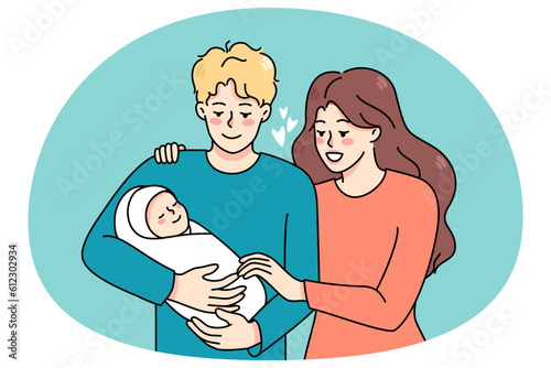 Happy young family with newborn baby enjoy parenthood together. Smiling parents hold in arms infant child show love and care. Fla vector illustration, cartoon character.