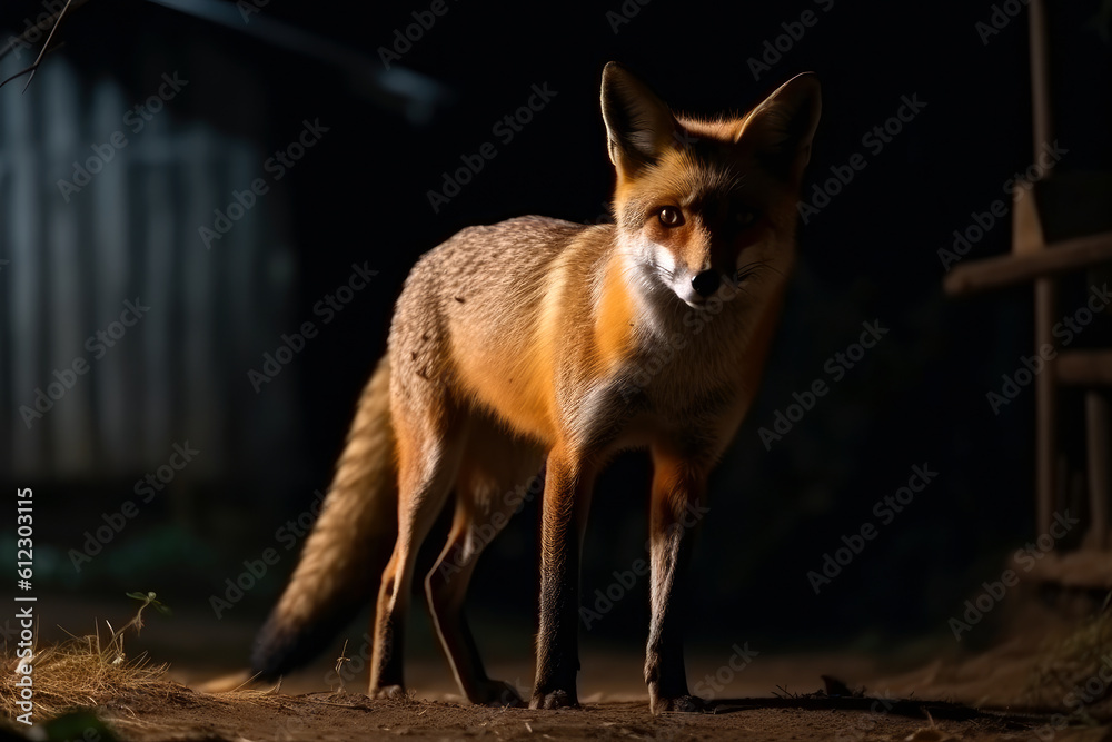 Naklejka premium Fox at night in countryside village area. Generative AI