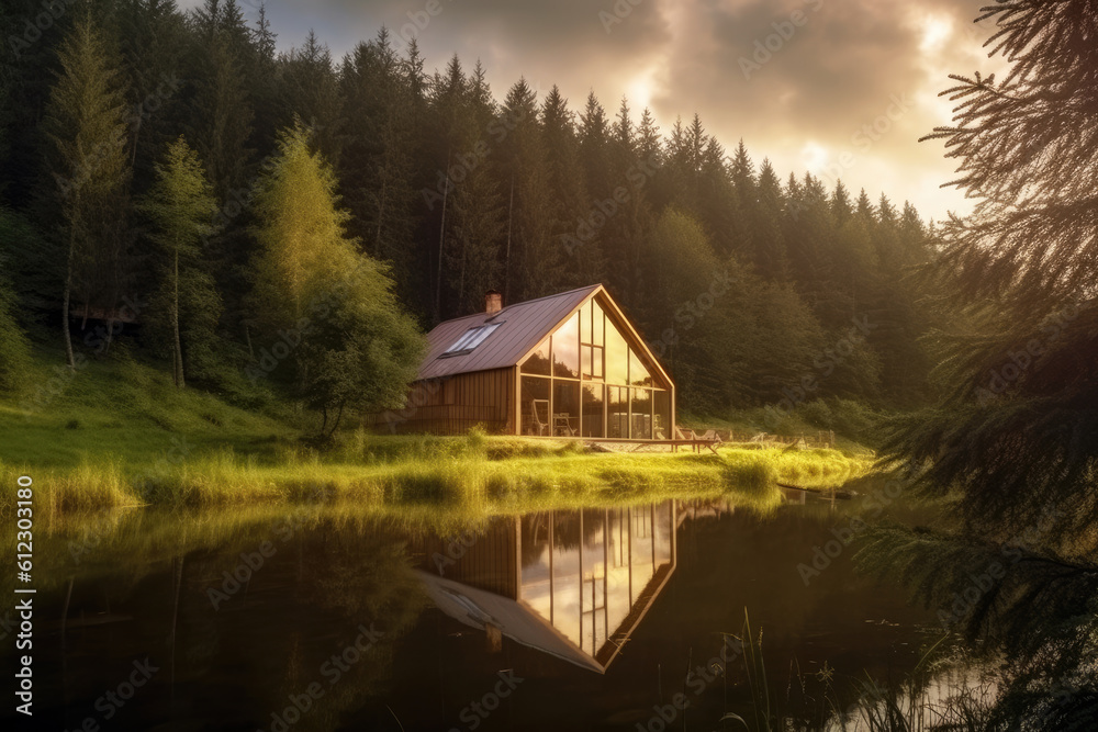 Stylish glamping tent nestled by a lake in a forest, Generative AI