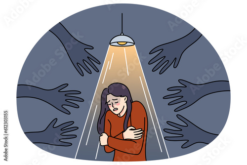 Terrified woman stand under spotlight haunted by numerous black hands. Unhappy scared girl suffer from psychological problems, have fears and anxiety. Vector illustration.