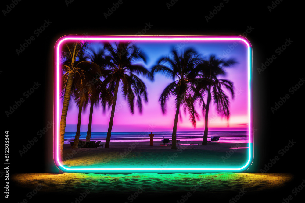 Neon light frame on tropical beach at night, summer party. Generative AI