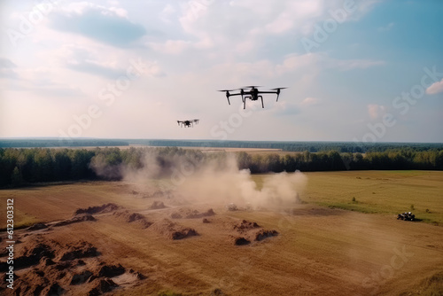 Drone UAV flying above bombarded battlefield, Ukraine Russia war, Generative AI