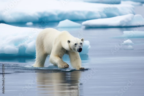 Penguin group on melting iceberg, global warming. Generative AI