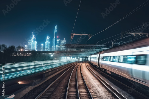 Fast modern train moving through the city the night. Generative AI