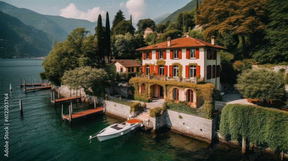 Charming villa situated on the shores of Lake Como, with a private dock, beautiful gardens, and balconies overlooking the serene waters