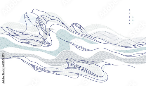 Abstract oriental Japanese art vector background, traditional style design, wavy shapes and mountains terrain landscape, runny like sea lines.