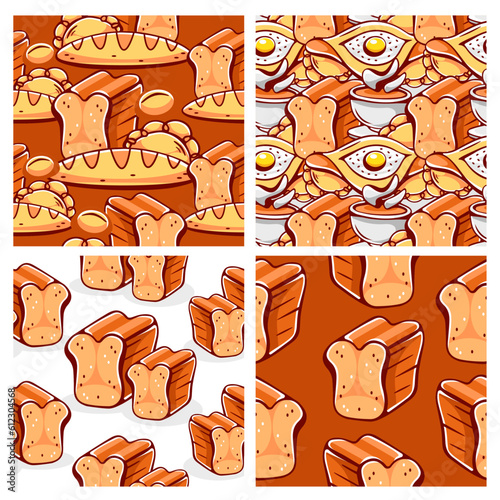 Vector patterns on the theme of baking, bread, cupcake, khachapuri in cartoon style.
