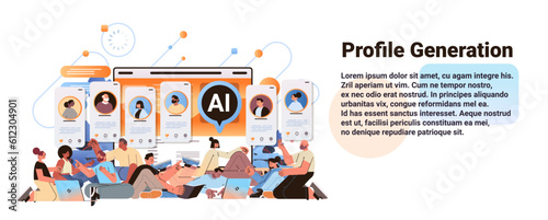 mix race people chatting on social media with ai helper bot profile generation digital communication concept