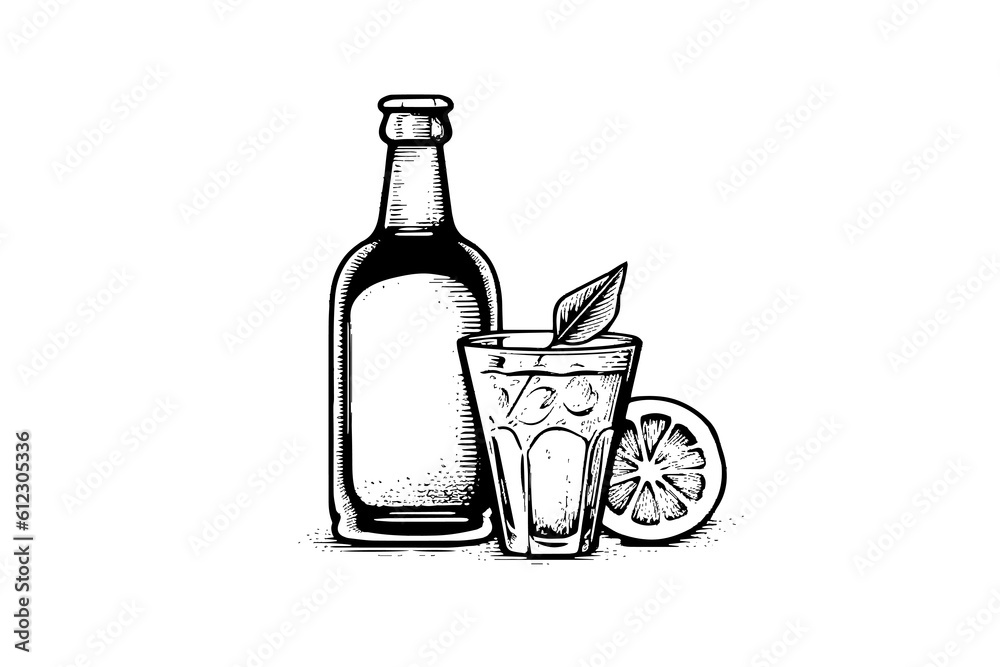 Soda bottle with glass and lemon. Ink sketch of lemonade isolated on white background. Hand drawn vector illustration Soda bottle with glass and lemon. Ink sketch of lemonade isolated on white background. Hand drawn vector illustration