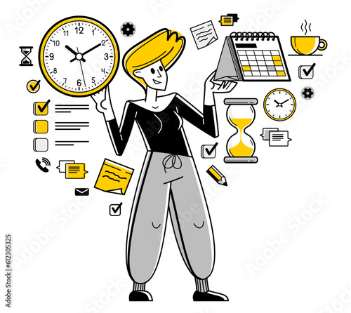 Time management vector outline illustration, worker planning deadline and prioritize tasks, business productiveness agenda, zero hour.