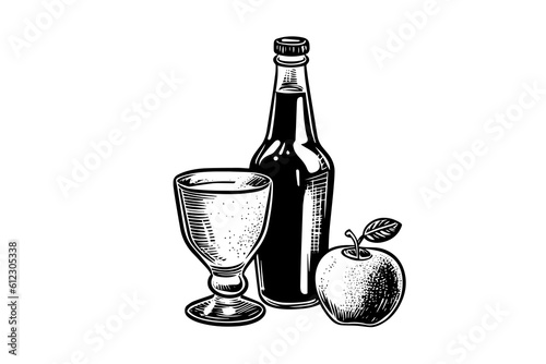 Soda bottle with glass and lemon. Ink sketch of lemonade isolated on white background. Hand drawn vector illustration. 