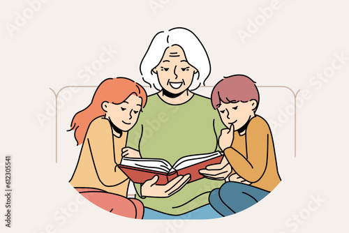 Caring smiling grandmother reading book to little grandchildren. Happy granny enjoy time with literature with small grandkids. Vector illustration. 