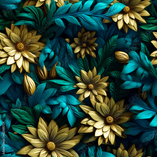 3d colorful floral botanical flowers. Spring leaf art. Seamless background pattern. Fabric wallpaper print texture. Tiled. Ai Generative illustration.