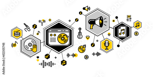 Music producing composing new track vector outline illustration, sound engineering in recording studio, composing creating audio mix.