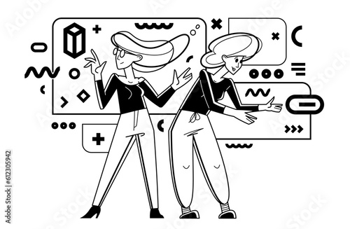 Inspired inventive designer or engineer composing abstract elements, creative worker doing some job and creating some system, vector outline illustration.