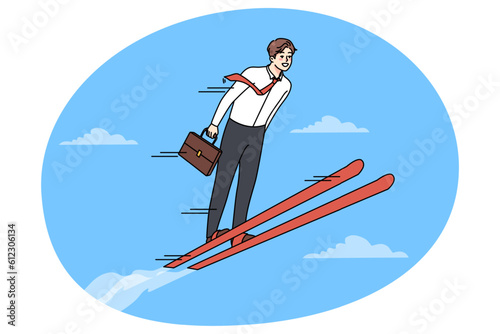 Businessman on ski jump high achieve work success or goals. Smiling man employee or worker strive for career promotion of job progress. Achievement concept. Vector illustration.