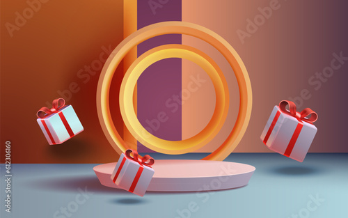 Gift scene mega sale, shopping podium banner, celebration pedestal. Vector illustration